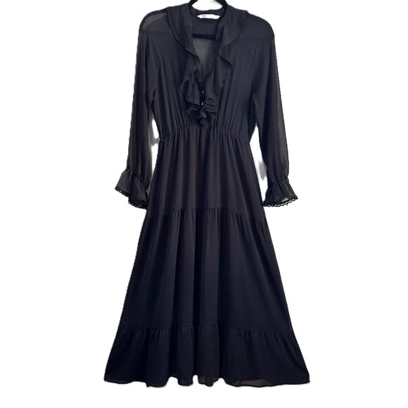 Zara | Chiffon Tiered, Ruffle collar V-neck Maxi Dress Black | SZ Small Women's - Picture 2 of 15